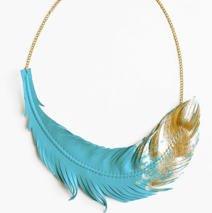 Turquoise Leather Feather Necklace Dipped in Gold - $65